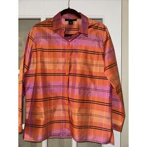 Parisian Signature Top Womens 10 Plaid Button Up Long sleeve Casual Silk Pink